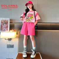 SOLANNA เสื้อยืดเด็กผญ ชุดเช็ตเด็กผญ 2023ฤดูร้อนใหม่สาวแฟชั่นสบายๆการ์ตูนกางเกงขาสั้นเสื้อยืดชุด 2 ชิ้น23820