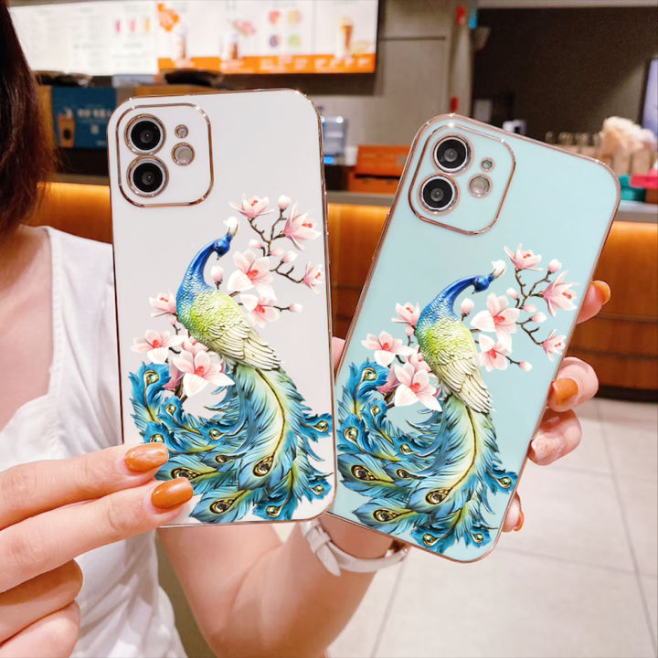 ggk-เคสสำหรับ-oneplus-nord-3-5g-ลายการ์ตูนฟรีสายคล้องนกยูงขอบสี่เหลี่ยมชุบหรูหราเคสโทรศัพท์ชุบเคสโทรศัพท์นิ่ม