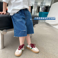 Childrens pants boys and girls 2023 Summer ripped frayed washed cotton denim shorts baby loose cropped pants fashion