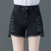 Black Ripped Denim Shorts Womens Summer 2021 New High Waist Elastic Casual All-Match Outerwear Slim Wide-Leg Pants