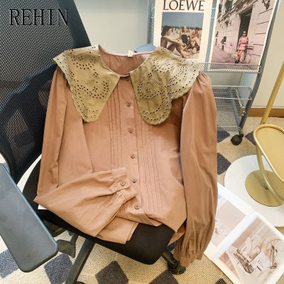 REHIN เสื้อแขนยาวผู้หญิง2023,เสื้อลูกไม้แขนพองการออกแบบที่ไม่เหมือนใครคอเสื้อตุ๊กตาฤดูใบไม้ร่วงใหม่