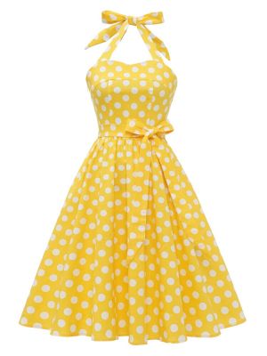 ชุดเดรสรัดรูปแบบพินอัพสำหรับผู้หญิงสไตล์วินเทจ1950สีเหลืองลายจุดฤดูร้อน2XL คอแบบคล้องคอชุดผ้าฝ้ายสำหรับงานเลี้ยงตอนเย็น