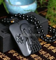 ZZOOI Beautiful Handwork Natural Black Obsidian Carved Chinese Buddhist Buddha Amulet Lucky Pendant + Beads Necklace Fashion Jewelry