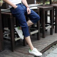 Celana Pendek Denim ทรงตรงเจ็ดจุดสำหรับผู้ชาย,กางเกงผู้ชายทรงตรงเจ็ดจุดอินเทรนด์สไตล์เกาหลีกางเกงเจ็ดจุดแบบลำลองผ้าบางสำหรับฤดูร้อนมีแบรนด์