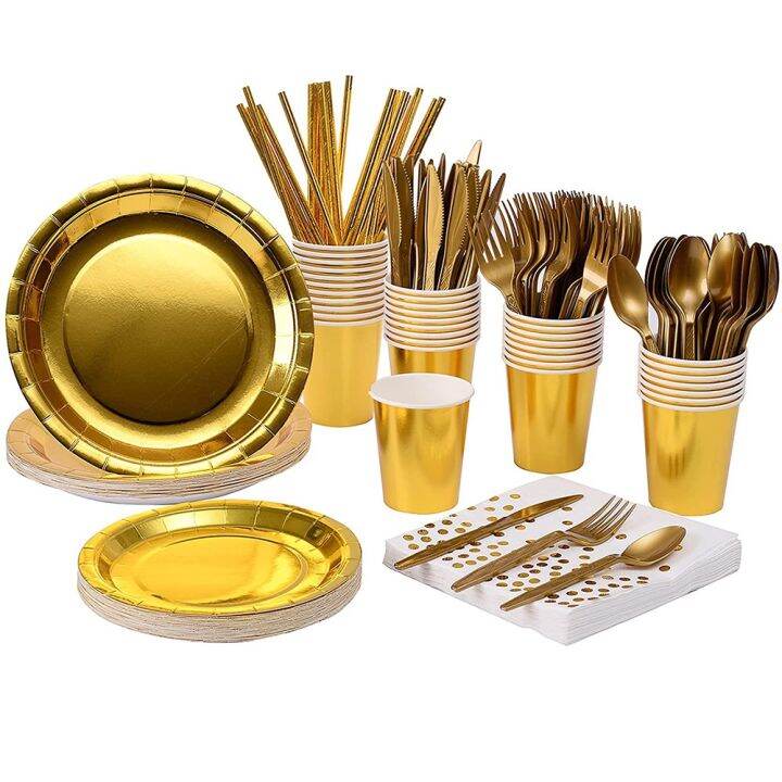 Gold Disposable Paper Plates Cups Straw Napkins Cakestand Tableware