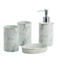 ◆✿✘ Gray Marbling Bathroom Set Ceramics Lotion Bottle Mouth Cup Soap Dish Plastic Rectangular White Tray Bathroom Five piece set WF