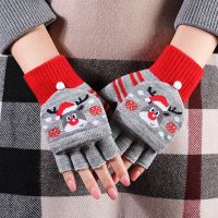 Girls Christmas Gloves Santa Claus Pattern Women Gloves Knitted Fingerless Flip Gloves Winter Warm Touchscreen Gloves Mittens