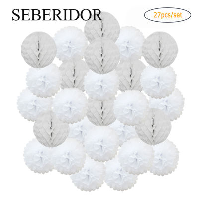 Europe Wedding Ceremony DIY Decoration White Set Hanging Round Ball Honeycomb Paper Pompom For Baby Baptism Birthday Party Favor