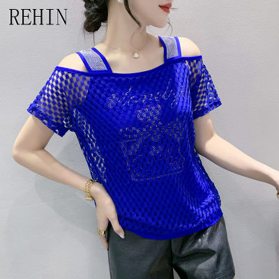 REHIN เสื้อผู้หญิงสไตล์อินเทรนด์เปิดไหล่ตัดประดับด้วยพลอยเทียมเสื้อยืดเสื้อสตรีแขนสั้น