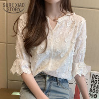 Fashion Ladys Shirt 2021 Spring New Stereoscopic Embroidered White Pure Cotton Blouse Floral Short Sleeve Womans Shirt 9638