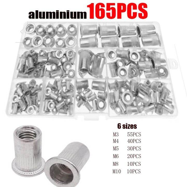 190-165-150-100pcs-m3-m4-m5-m6-m8-m10-aluminum-flat-head-rivet-nuts-nutsinsert-cap-thread-insert-rivet-nut-tool-set-woodworking-nails-screws-fasteners