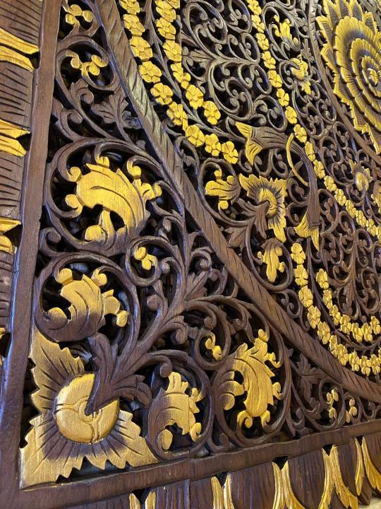 สีน้ำตาลปัดทอง-ไม้สักฉลุลายไทย-ขนาดใหญ่-ฉากไม้สัก-ขนาด-180-180-หนา-1-5-ซม-แยก-6-ชิ้น-ceiling-wallpaper-teak-wooden-carved-ไม้สักแกะสลัก-รับประกันการจัดส่ง