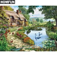 【hot】✹☒  HOMFUN Square/Round 5D Painting  Lakeside Cottage  Embroidery A00794