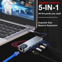 5-in-1 USB C Hub 3.0 Splitter Type C Dock Multiport Adapter 4K HDMI-compatible RJ45 Ethernet Input  Ports PD for MacBook  iPad  USB Network Adapters