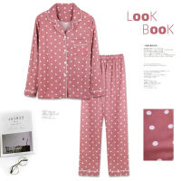 Womens pajamas suit long sleeve pajamas womens autumn and winter lovely round dot Lapel pajamas suit womens 2-piece set