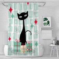 Christmas Shower Curtains Atomic Cat Old Style Waterproof Fabric Funny Bathroom Decor with Hooks Home Accessories