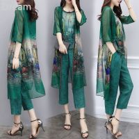 High-end three-piece suit womens pants chiffon cardigan top cropped pants large size casual fashion suit V729