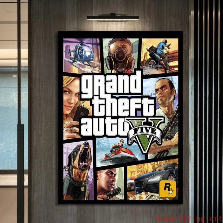 โปสเตอร์วิดีโอเกม-gta-5แกรนด์ขโมยภาพงานศิลปะสำหรับตกแต่งผ้าใบวาดภาพอุปกรณ์ตกแต่งบ้านเกมติดผนังสำหรับห้องนั่งเล่น