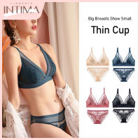 INTIMA ชุดบราลูกไม้สามเหลี่ยมฝรั่งเศสสำหรับผู้หญิงชุดชั้นในบราเล็กและเซ็ตกางเกงในไร้รอยต่อสำหรับชุดชั้นในบางพิเศษคัพดันไร้สาย