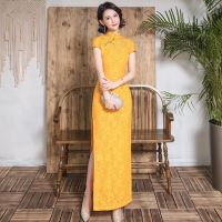 【LZ】✽♠□  Cheongsam De Renda Amarela Manga Curta Vestido Vintage Sexy Trajes De Casamento Qipao Elegante Rosa Vermelha S para 5XL