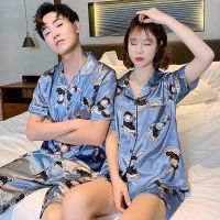 情侣睡衣女夏季冰丝短袖薄网红ins2021爆款大码男士仿真丝家居服Couple pajamas female summer ice silk short-sleeved thin net