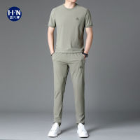 Factory Outlet Pure -Colored MenS Casual Set Summer Ice Silk Thin Simple Round Neck T -Shirt Motion -Sensing Long Pants