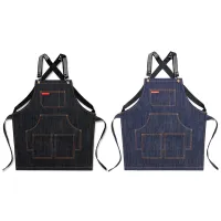 【YF】 Korean Style Fashionable Denim Apron For Men Women Work Custom Barista Cafe Barber Shop Painting Cooking Jean Fabric