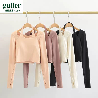 guller เสื้อผ้าโยคะพร้อมแผ่นปิดหน้าอกสำหรับผู้หญิงฝึกพิลาทิสออกกำลังกายแขนยาวแบบแขวนคอกีฬาฤดูใบไม้ร่วงและฤดูหนาว