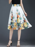 Women Printed Chiffon Skirts New Summer Elastic High Waist Lady Fashion Knee-Length Chiffon Skirt Jupe 5Colors