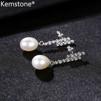 Kemstone 925สีชมพูสีขาวไข่มุกสีม่วงคริสตัลหยดยาวห้อยต่างหูหญิงเครื่องประดับของขวัญ