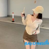 Bay-เสื้อยืดแขนยาวสีพื้นสไตล์เรียบง่ายสําหรับผู้หญิง