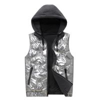 [COD] First-hand source of autumn and winter warm vest mens stand-up collar casual trendy brand plus velvet with detachable cap shiny surface