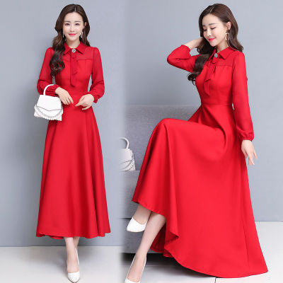 2021 Spring Autumn New Women Temperament Waist Slim Solid Long Dress Red Elegant Ladies Turn down collar Long sleeve Dresses