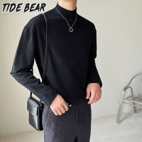 TIDE BEAR เสื้อยืดคอเต่าแขนยาวครึ่งแขนผู้ชายเลกกิ้งสีทึบกลางคอกางเกงลำลองสีขาว