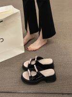 ▲ Fairy-style one-word slippers womens summer wear 2023 new bowknot heightened sponge cake thick-soled high-end sandals