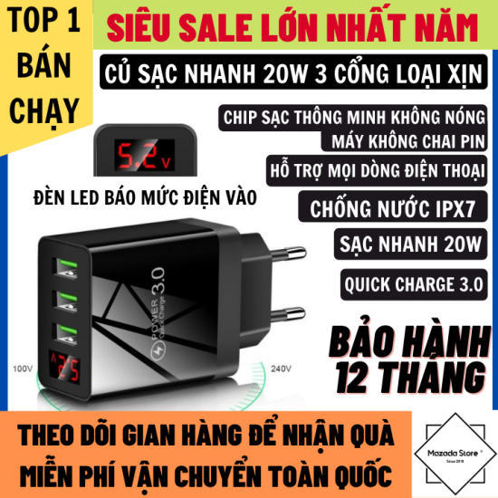 Củ sạc nhanh quick charge 3.0 công suất 20w có led hiển thị dòng điện vào - ảnh sản phẩm 1