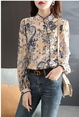 Printed Long-Sleeved Shirt Womens Spring/Summer 2022 Retro Chinese-Style High-End Design Niche Top With Buckle