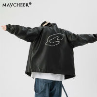 MAYCHEER   แจ็คเก็ตเสื้อแจ็คเก็ตเทรนดี้กับแจ็กเก็ตหนังของผู้ชายปกเสื้อคลุมฤดูใบไม้ร่วง