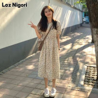 Laz Nigori ชุดเดรสผู้หญิงสไตล์เกาหลีลายดอกไม้แขนสั้นชุดเดรสแขนพองคอกลมสดใสขนาดเล็กหวานชุดเดกระโปรงดอกไม้แบบสาย