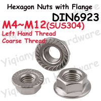 DIN6923 M4 M5 M6 M8 M10 M12 Left Hand Thread SUS304 Stainless Steel Hexagon Flange Nuts Pinking Automatic Serrated Locking Nuts Nails  Screws Fastener