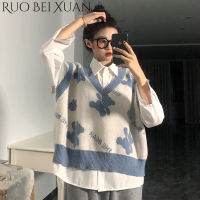 Ruo Bei Xuan เสื้อสเวตเตอร์คอวีแขนกุดเสื้อนอกเสื้อกล้ามหมีเสื้อกันหนาวแบบถัก