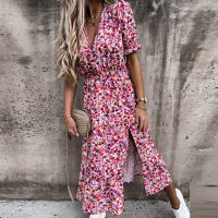 Sexy V Neck Autumn Party Dress Women Elegant Gorgeous Floral Prints A-Line Dress Fashion Long Sleeve Slit Long Dresses Vestidos