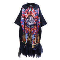 XITAO Mesh Splicing Dress Chinese Style Contrast Color Cartoons Cat Pattern Fashion Stand Collar Loose Trendy Women WMD0657