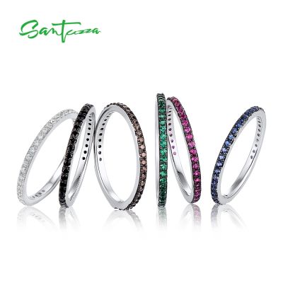 SANTUZZA 925 Sterling Silver Rings For Women Fashion Multi Gemstones Pink Blue Black White CZ Finger Stackable Ring Fine Jewelry