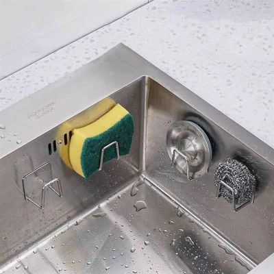 【YF】 Kitchen Stainless Steel Sponges Holder Drain Drying Rack Self Adhesive Sink Hooks Hanger Accessories Storage Organizer
