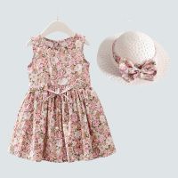 2PCS/Set Girls Dress +Hat Cotton Comfortable Childrens Dress 2023 Summer Dress Floral Girls Sleeveless Dress For Children