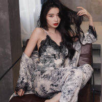 NEW Womens Pajamas Set Luxury Style Fashion Ink Print Lace Satin Robe Sleepwear Silk Like Homewear V Neck Nightwear Femme