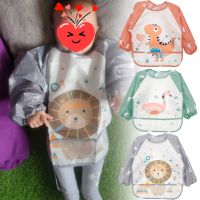 6 to 36 Months Baby Waterproof Long Sleeves Bib Pocket Unisex Feeding Apron Wearing Feeding Bibs Full Coverage Burp Aprons