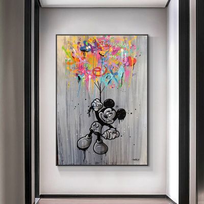 Disney ภาพวาดผ้าใบการ์ตูน Mickey Mouse Graffiti Art โปสเตอร์พิมพ์สีดำสีขาวภาพ Wall Art สำหรับห้องนอนตกแต่งบ้าน