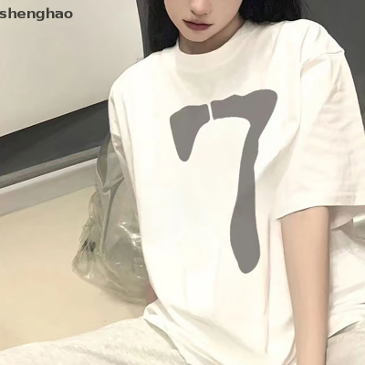 shenghao เสื้อยืดคอกลมแขนสั้นสำหรับผู้หญิงทรงหลวมพิมพ์ลายตัวเลขย้อนยุคอเมริกันฤดูร้อน